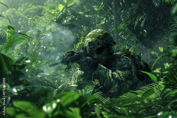 Fototapeta A camouflaged soldier with tactical gear aiming his rifle in the dense jungle