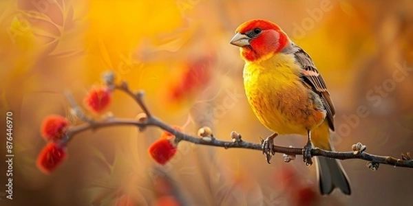 Fototapeta Vibrant finch perched on branch in Arizona USA against blurred background. Concept Bird Photography, Wildlife in Arizona, Vibrant Finch, Nature Close-Up, Background Blur