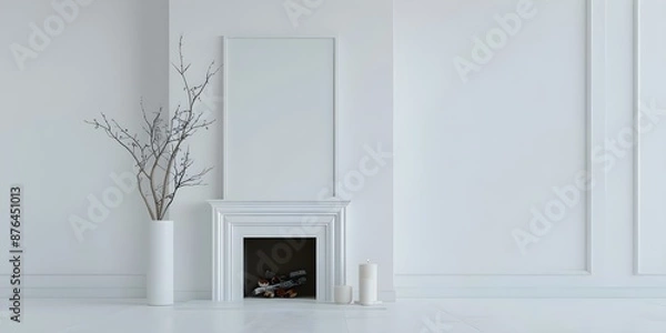 Fototapeta Minimalist Scandinavian living room with fireplace blank frame and white decor. Concept Scandinavian Design, Minimalist Living Room, Fireplace Decor, Blank Frame, White Interior