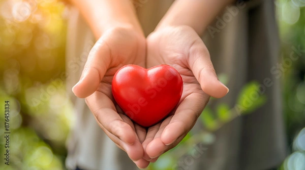 Fototapeta close up hands and blur people, female doctor holding red heart with hands, happiness and relationship in hospital, they feel happy and smiling on white background