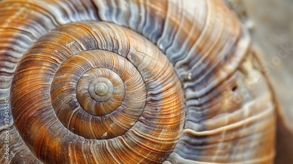 Obraz A closeup image of a snail shell, showcasing its intricate brown spiral pattern and texture.