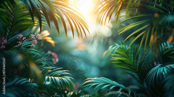 Fototapeta Tropical Palm leaves with sun light. Summer exotic trendy background with place for text	