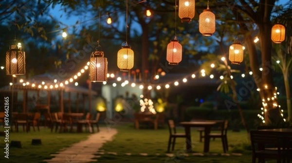 Fototapeta Enchanting Outdoor Birthday Party Decor with String Lights and Lanterns Festive Evening Celebration Ambiance with Tables and Chairs for Guests Nikon D850 50mm Lens