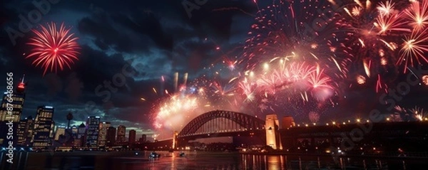 Obraz Sparkling Skyline Vibrant Fireworks Display Over Iconic Bridge in New Year's Eve Celebration Stunning Sony A7 III Captured Moment with Cheering Crowd and Illuminated Cityscape