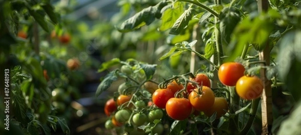 Fototapeta Seasonal Vegetables Growing in Greenhouse with Tomatoes, Cucumbers, and Herbs Under Controlled Conditions