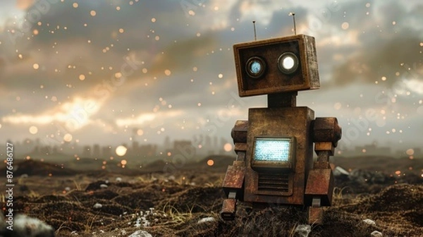 Obraz A robot is standing in a field of rocks and grass. The robot is old and rusty, and it has red eyes. The scene is desolate and barren, with no other living beings in sight. The robot seems to be alone