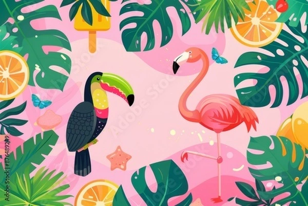 Fototapeta A colorful vector poster featuring a flamingo, toucan, and popsicles on a bright background, perfect for summer promotions. The illustration is full of fun and tropical vibes.