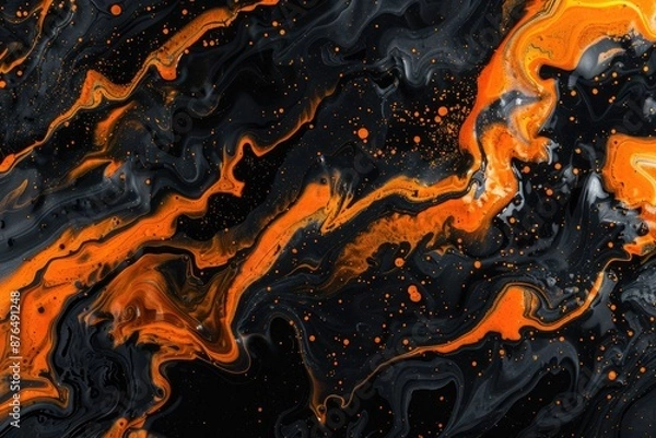 Fototapeta Abstract background with black and orange fluid art swirls