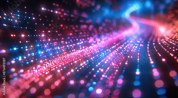 Fototapeta Digital background featuring pink and blue glowing data stream, light streaks, and holographic elements on black background. Generative AI.