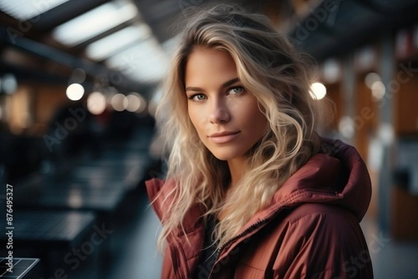 Fototapeta Blond Beauty In A Red Coat. Generative AI