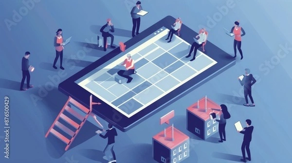 Fototapeta Vector illustration featuring small figures scheduling events online using a tablet. Depicts the creation of a weekly schedule for business operations and tasks.