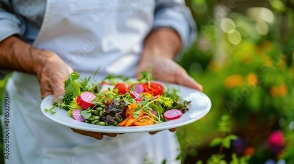 Fototapeta Close-up of a vibrant garden vegetable salad in a black bowl, held by a person, showcasing a mix of colorful, fresh vegetables in an outdoor garden setting