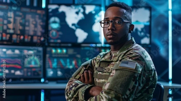 Obraz Security, control room, government, operation, or mission photograph of man with arms crossed. Army, IT worker, and confident, proud face