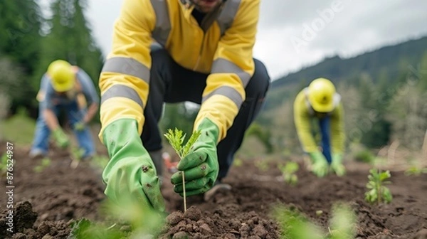 Fototapeta Group of workers planting young trees in a reforestation effort, wearing gloves and protective gear in a forest area.