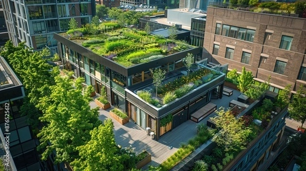 Fototapeta Green Oasis in the Concrete Jungle: Aerial View of Sustainable Urban Rooftop Garden for Business Spaces