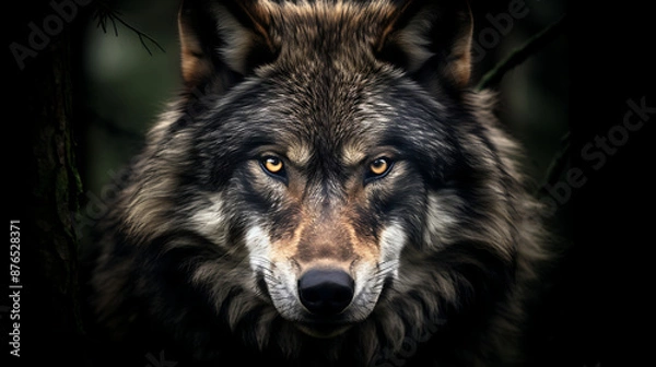 Fototapeta A close up portrait of a staring wolf with dark fur and yellow eyes on a dark background