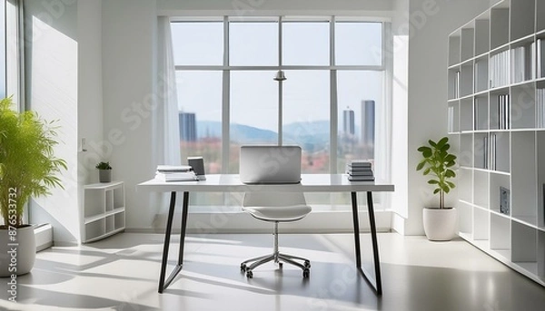 Fototapeta A minimalist loft office featuring clean lines, white walls, and a sleek standing desk with