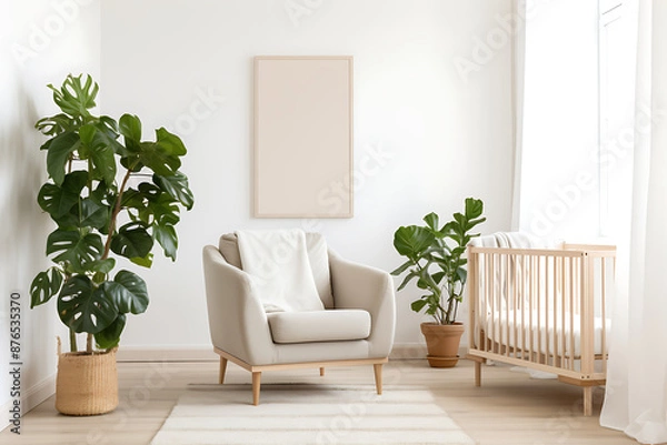 Fototapeta Light-filled room with plants, armchair, and crib. Simple, modern design.

