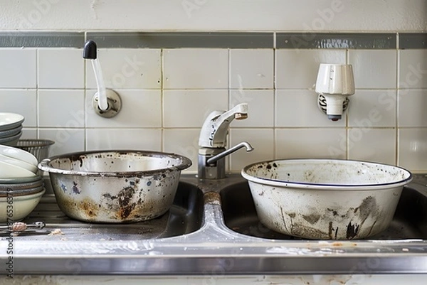 Fototapeta Dirty dishes stacked in a silver kitchen sink, awaiting washing and cleaning process