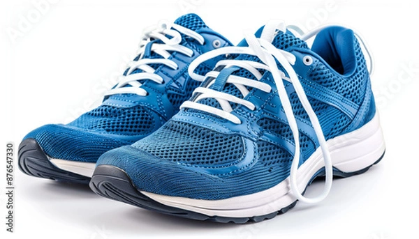 Fototapeta Pair of blue athletic shoes with white laces on a white background perfect for running or casual wear comfortable and stylish with mesh fabric and rubber soles