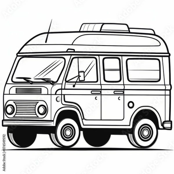 Obraz Black and white line art of a vintage camper van, showcasing its retro design and detailing.