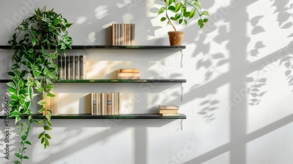 Fototapeta Elegant and minimalist black shelves with books and plants, creating striking shadows on the wall in a modern and sophisticated home interior setup with artistic flair.