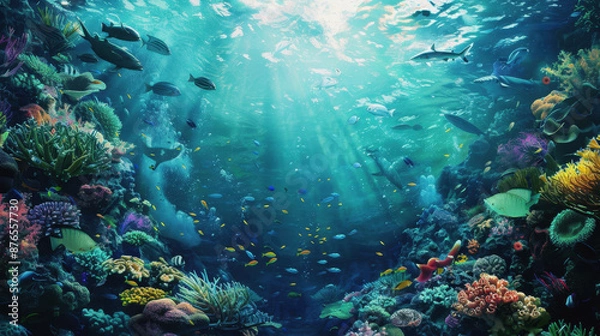 Fototapeta World Sea Day, Illustrate the role of healthy oceans in maintaining global biodiversity and climate stability by contributing to conservation efforts