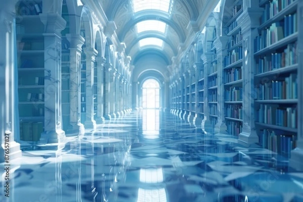Fototapeta A long, narrow room with marble columns and shelves of books. The room is very bright and airy, with a blue hue that gives it a sense of calm and serenity