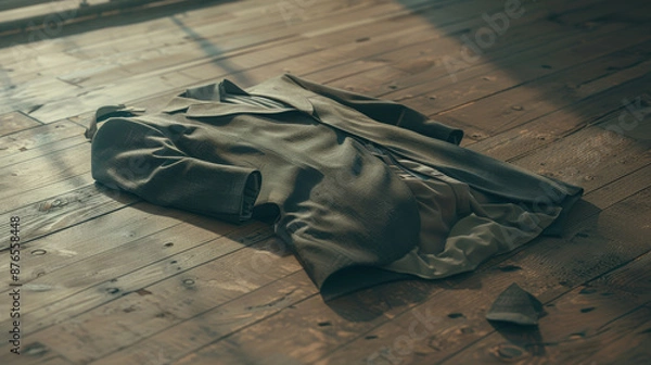 Fototapeta A discarded suit lying on the floor, sad vibe, soft natural light, front angle, shallow depth of field