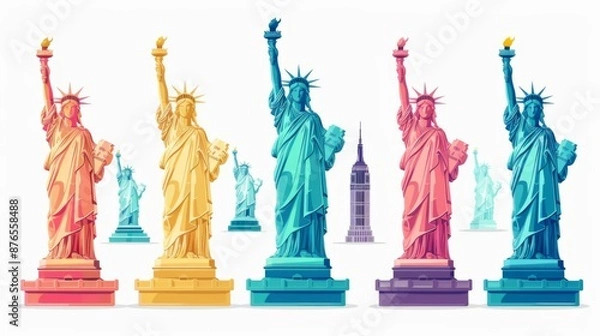 Fototapeta A unique artistic representation of five Statues of Liberty in various vibrant colors, each capturing a distinct tone, set against iconic New York City skyscrapers in a pattern.