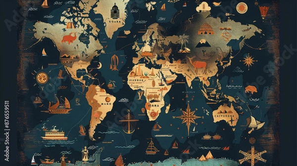 Obraz World map with icons representing different cultures