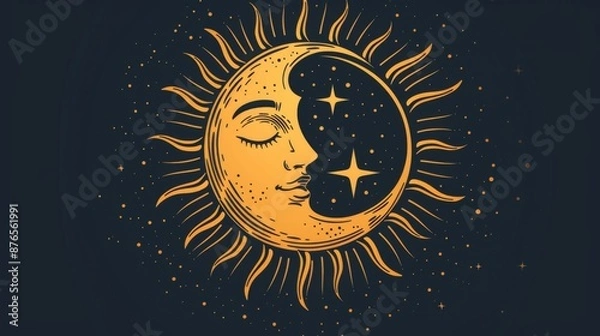 Obraz This image depicts a celestial design of a half sun and half moon face, combined with stars scattered on a dark background, representing day and night balance.