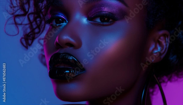 Fototapeta A woman with glowing dark skin and glossy black lips, highlighted by purple and blue lighting, looking intensely at the camera.