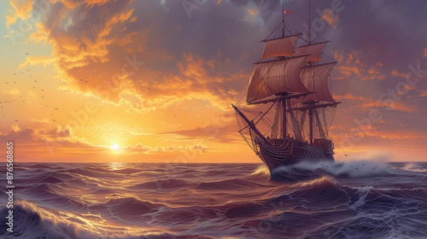 Fototapeta Columbus ship at sunset in the sea, Columbus ship crossing the ocean.