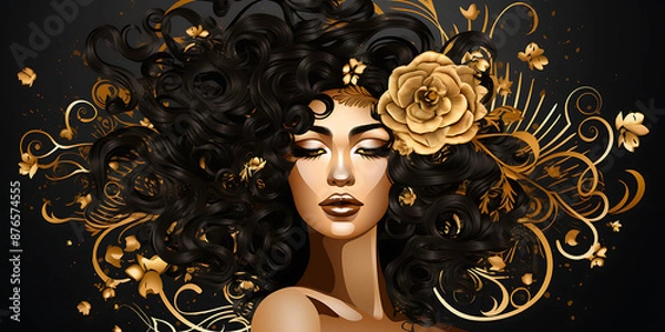 Fototapeta Elegant Black Gold Woman Hair Floral Design Luxury Beauty
