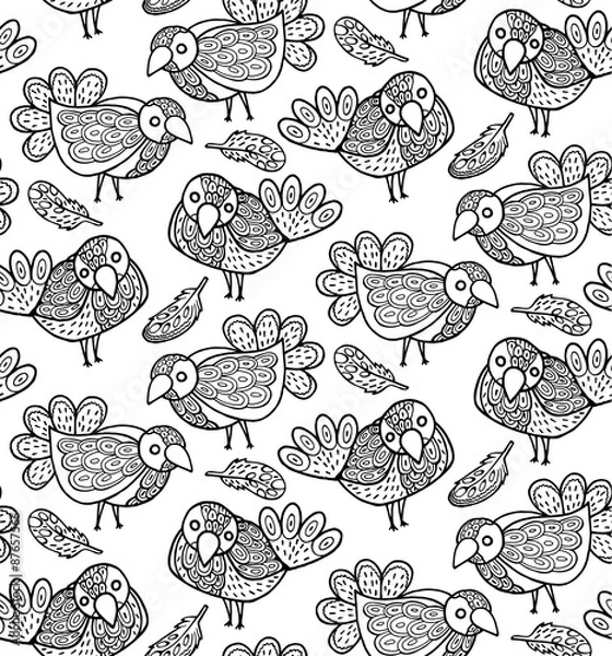 Fototapeta Vector decorative seamless pattern with birds and feathers. Hand