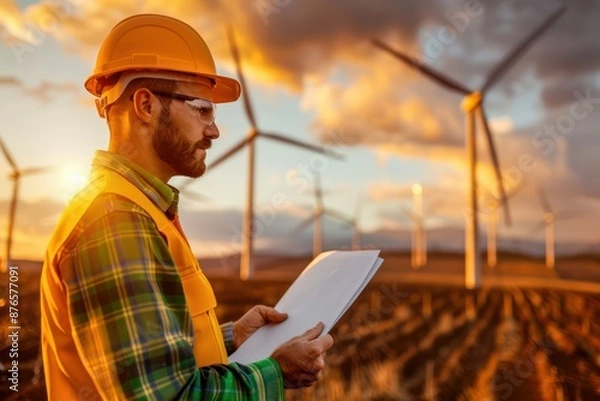 Fototapeta Renewable Energy Engineer Inspecting Wind Turbine Farm for Sustainable Grid Power Generation, Clean Energy, Green Technology, Wind Power, Solar Panels, Sustainable Development, Climate Change,