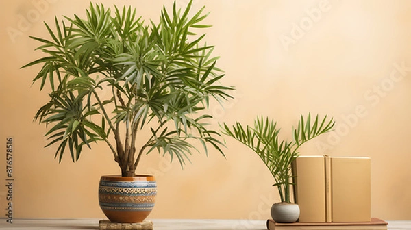 Fototapeta Two potted palm trees, books, and a beige background.
