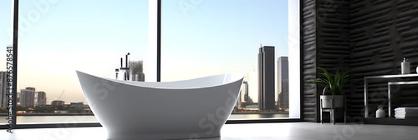 Fototapeta Modern bathtub with city view. Empty, minimalist design.