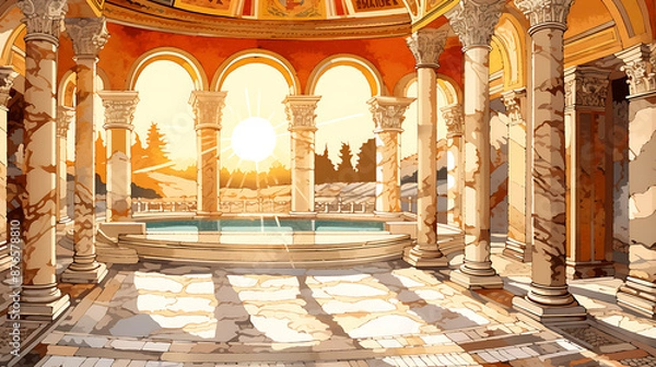 Fototapeta Sunlit ancient hall, arches and columns, serene ambiance.
