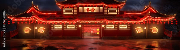 Fototapeta Ornate red building, glowing with lights. Peaceful scene.