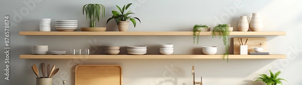 Fototapeta Wooden shelves with various items. Simple and minimalist design.