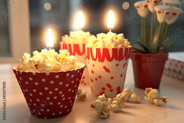 Fototapeta Popcorn-filled cupcakes, lit by candles, in red and white wrappers.
