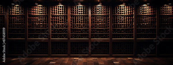 Obraz Dark, empty wine cellar shelves.
