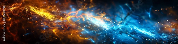 Fototapeta abstract plasma golden and blue lightning, fantasy fire, flame, flash light. Wall Art Poster Print Design for Home Decor, Decoration Artwork, Wallpaper & Background