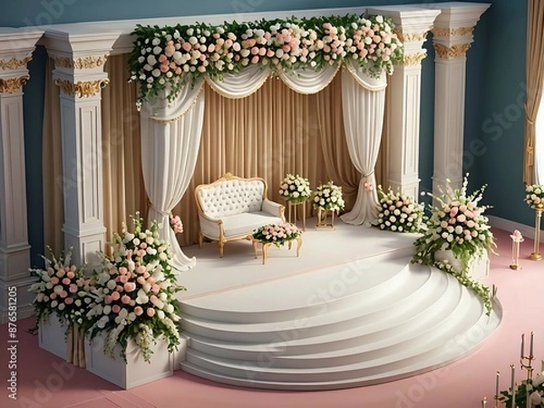 Obraz Elegant wedding ceremony setup with white flowers, a white sofa, and a curved staircase.