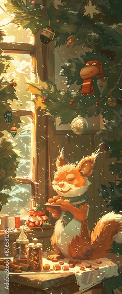 Obraz Cute squirrel prepares Christmas feast.