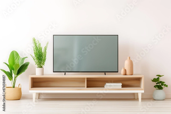 Fototapeta A flat-screen TV sits atop a light-wood media console, in a minimalist living room setting.
