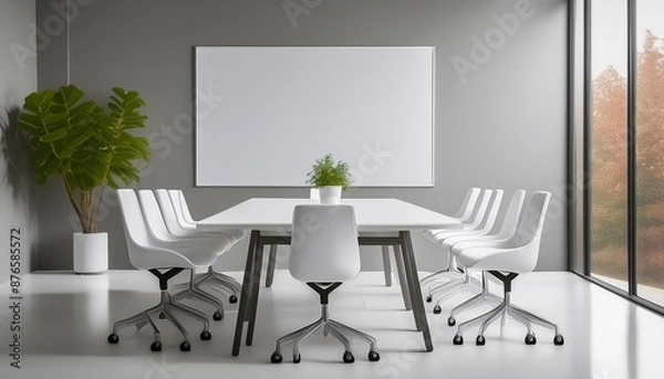 Fototapeta A minimalist meeting room with a white table, modern plastic chairs, and a large whiteboard