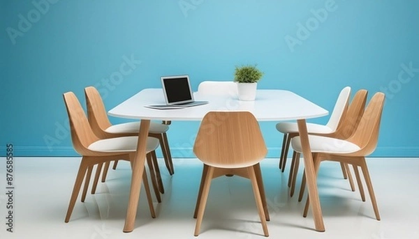 Fototapeta A minimalist meeting space featuring a white rectangular table, wooden chairs with cushions